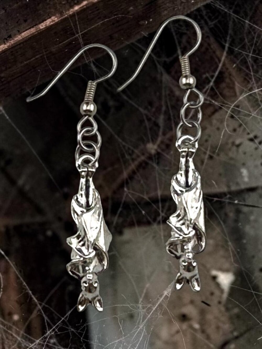Sleeping Bat Earrings Silver Tone 3D Gothic Halloween Dangle Surgical Steel
